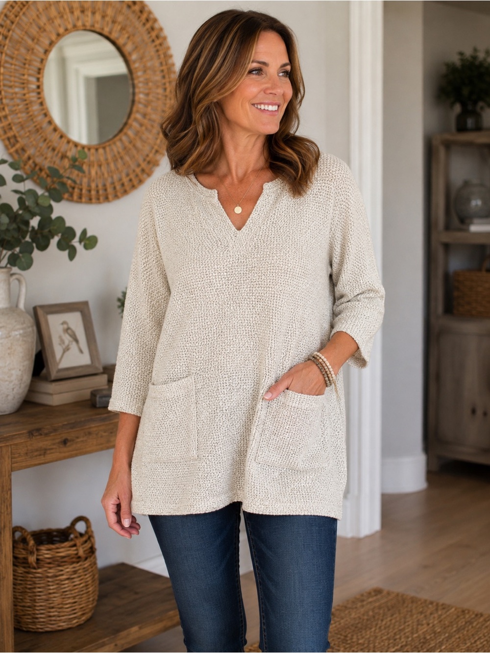 Robert Louis Cream Textured Knit Tunic Sweater Top Size M Pocket 3/4 Sleeve